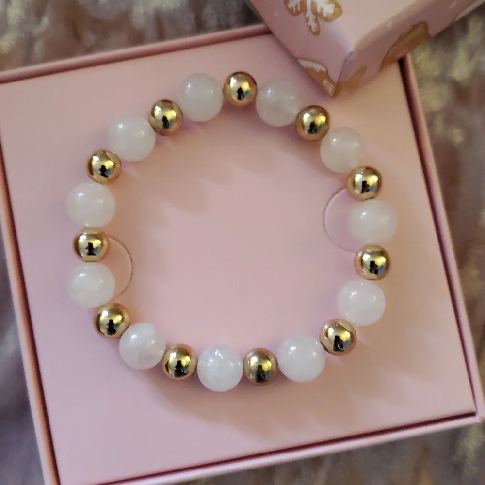 ROSE QUARTZ & Gold Bead Handmade Healing Stretch Bracelet Christmas Gift In Box - Picture 2 of 8